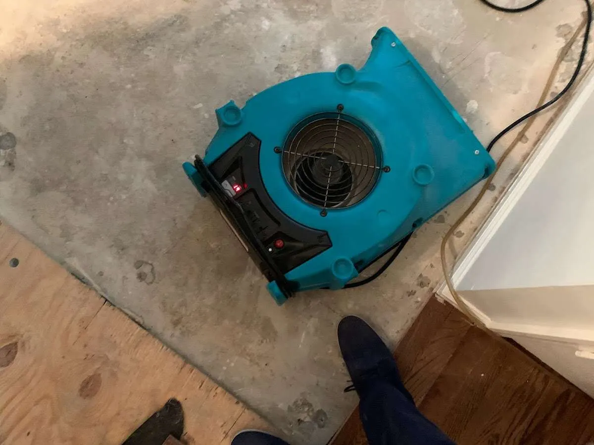 Air mover drying subfloor during Leak Detection & Repair in Port St. John